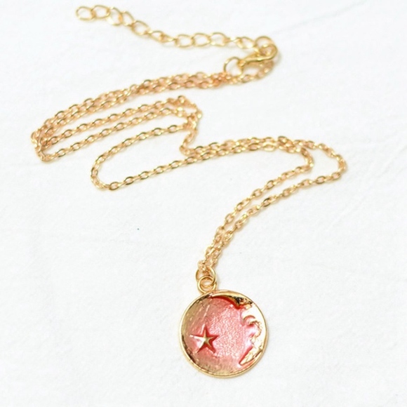 Orange Moon & Star Circle Pendant Gold Necklace - Picture 3 of 6